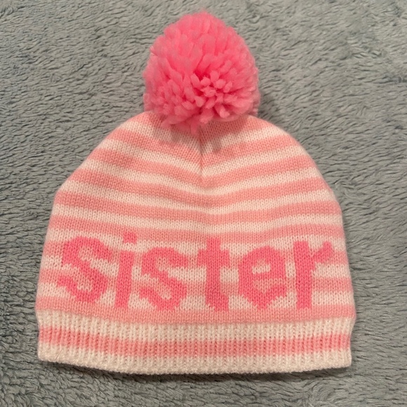 Mud Pie Pink “Sister” Beanie – Toddler 2T–5T Pink & White Striped Pom Hat - Picture 1 of 4